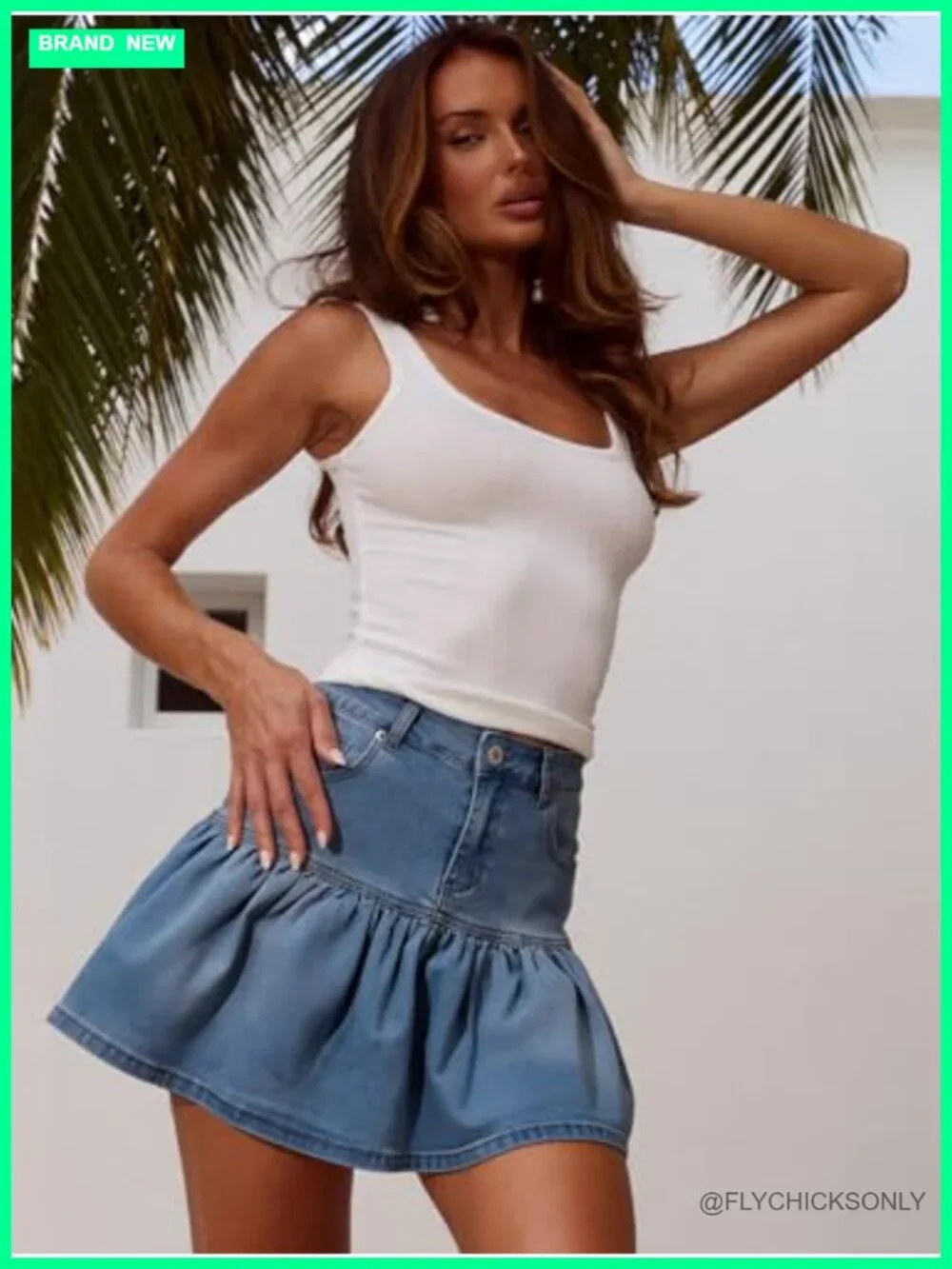 High Waist Denim Mini Skirt with Ruffle Hem A-Line Jean Short Skirt